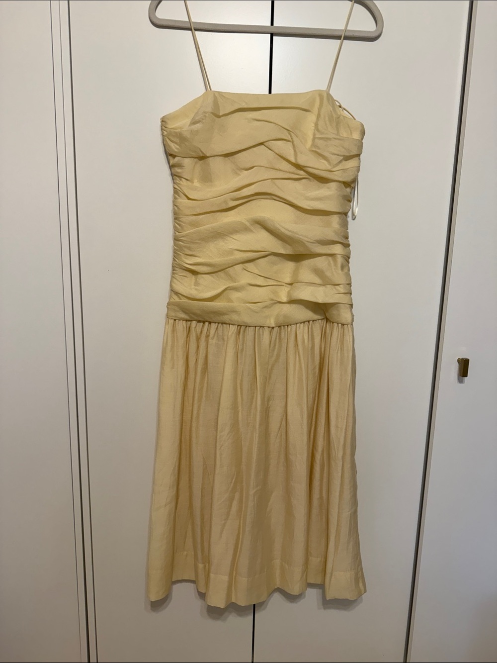 Zara Pale Cream Spaghetti-Strap Ruched Midi Dress